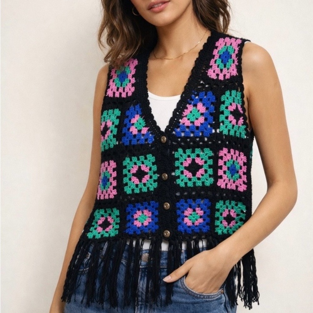 Umgee Black Crochet Fringe Vest with Pink, Green & Blue Squares